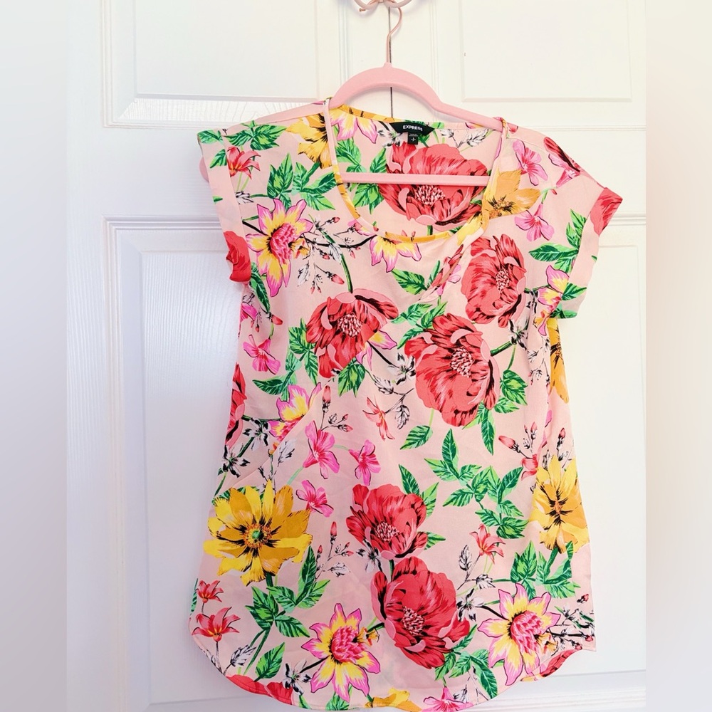 EXPRESS | Floral Print Top with Pink and Yellow Accents.
